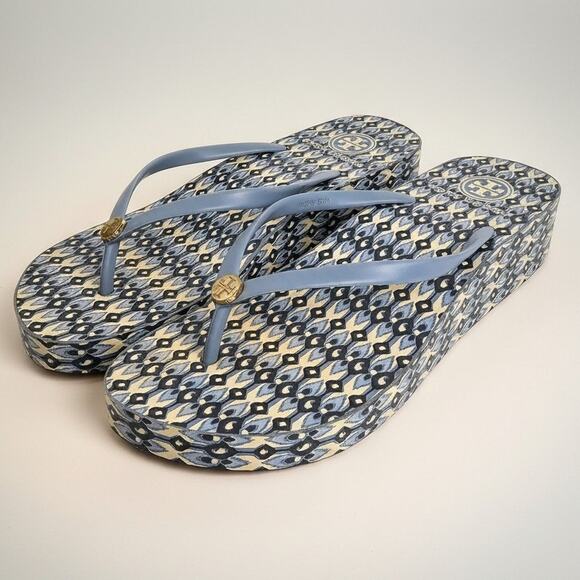 Tory Burch Shoes - Tory Burch Blue Wedge Geometric Print Thong Flip Flop Sandals Size Unmarked 25cm